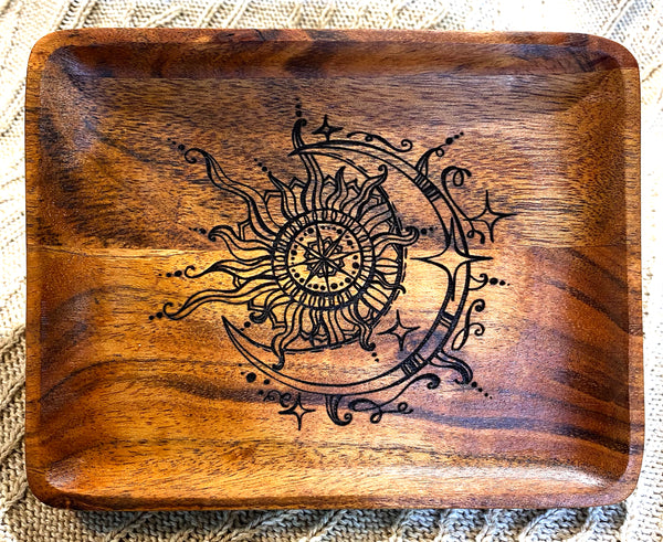 Vintage Sun & Moon Engraved Acacia Wood Tray